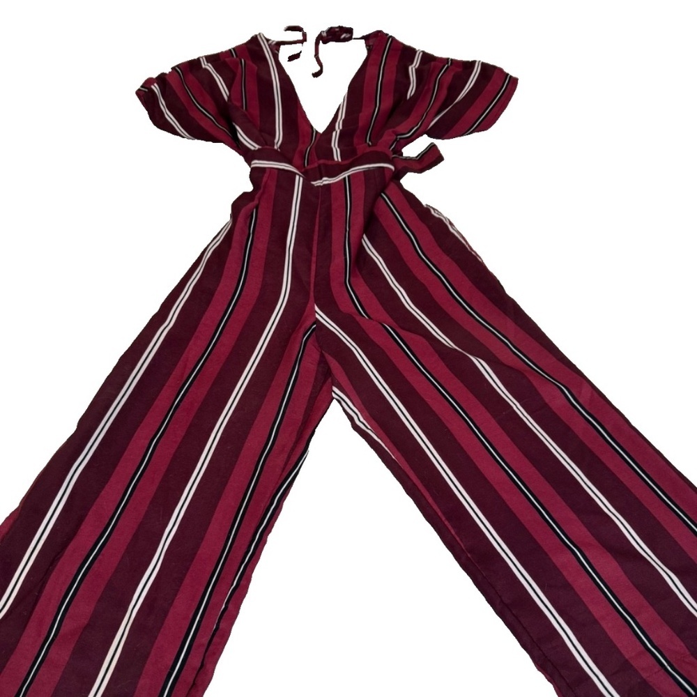 Crystal Doll Juniors V-Neck Cropped Striped Jumpsuit Open Back; Burgundy; Size 5